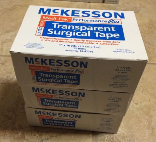 3 BOXES McKESSON TRANSPARENT SURGICAL TAPE 1&#034; x 10yds 36 Rolls