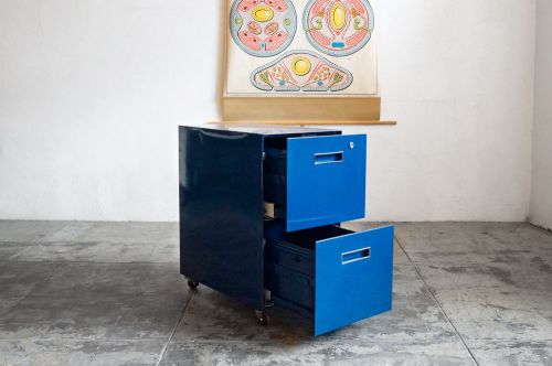 Vintage file cabinet refinished in navy blue, two-drawer vertical, casters, lock for sale