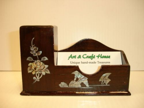 NEW Hand Carved Wood Art Mother Of Pearl inlaid OLD DAY FARMING Pen Card Holder