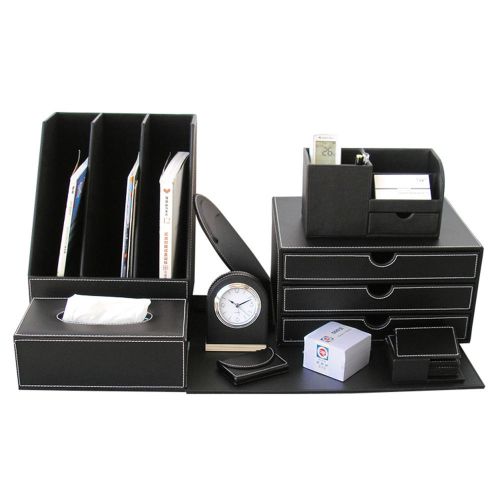 10pcs/set Office Desk Sets File Holder Leather Organizer Cabinet Boxes Black New