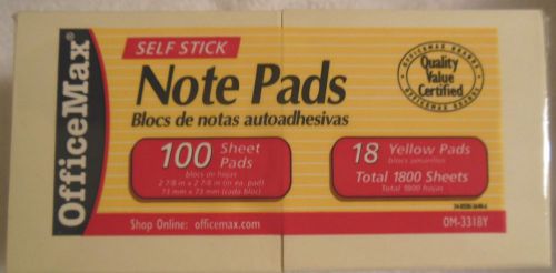 OFFICEMAX SELF STICK NOTE PADS Yellow 18 PADS 100 SHEETS PER PAD