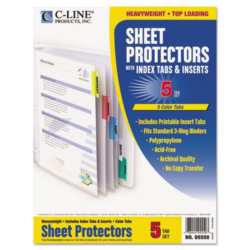 Poly sheet protectors with index tabs, assorted color tabs, 11 x 8 1/2, 5/st for sale