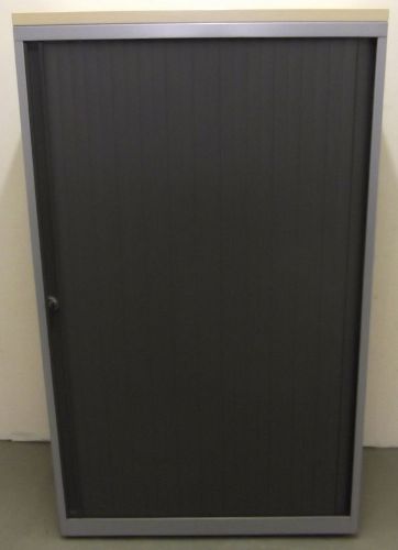 Grey Metal Office Storage Unit with Oak Top, Plastic Sliding Doors and Key