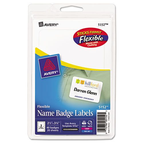 Flexible Self-Adhesive Laser/Inkjet Name Badge Labels, 2 1/3 x 3 3/8, WE, 40/PK