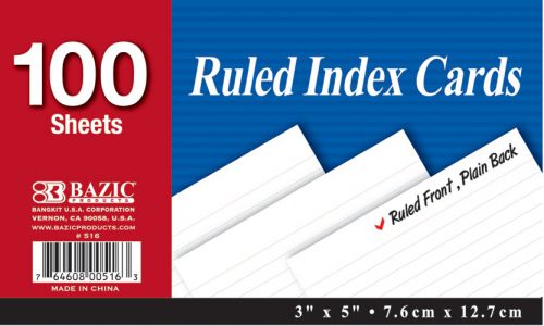 BAZIC 100 Ct. 3&#034; X 5&#034; Ruled White Index Card, Case of 36