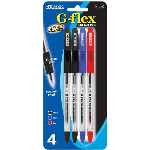 BAZIC G-Flex Asst. Color Oil-Gel Ink Pen w/ Cushion Grip (4/Pack), Case of 24