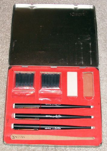 ROTRING 3 PEN SET IN METAL BOX WITH 12 CARTRIDGES ABRASIVE BLOCK AND LEATHER