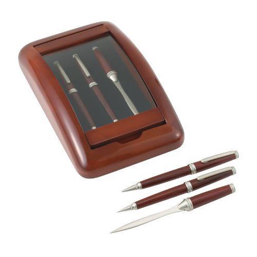 NEW Alex Navarra 3pc Pen,pencil and Letter Opener in a Wood and Glass Case