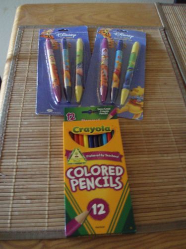 DISNEY 2 PACKS OF 3 BIG PENS /A 12 PACK OF CRAYOLA COLORED PENCILS NEW