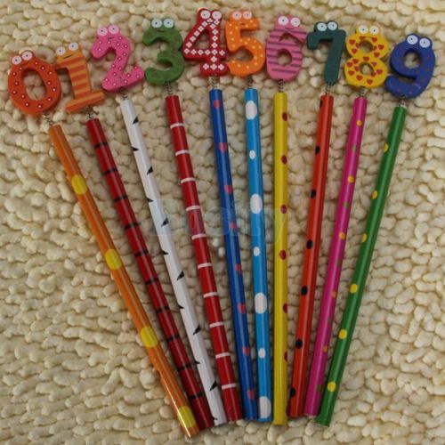10x Wooden Pencils w/ Arabic Numeral Numbers 0-9 Top Kids Pupils Novelty Pencils