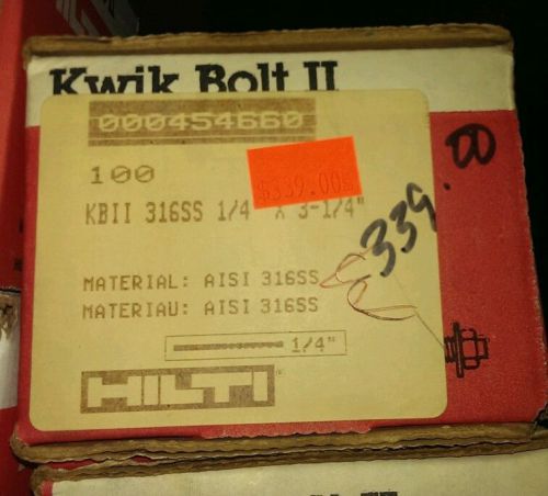 Hilti kwik bolt 2 stainless steel wedge anchors 1/4&#034; x 3 1/4&#034; box of 100 for sale