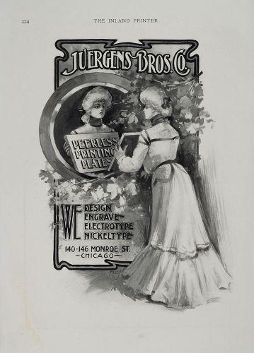 1901 ad juergens brother peerless printing plate design - original advertising for sale