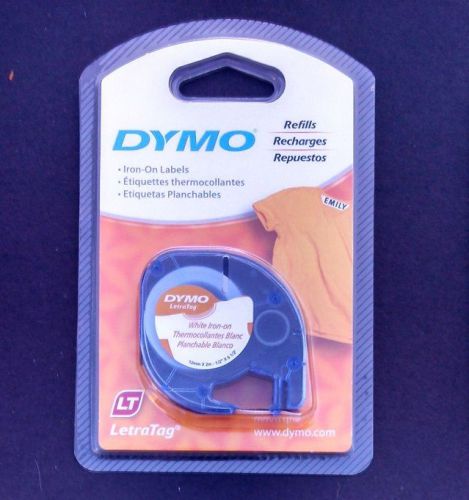 DYMO Letratag IRON ON 12mm x 2m Black Ink &gt; WHITE Iron-on Label. For CLOTHES