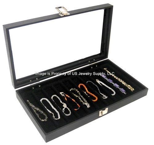 1 Glass Top Lid Black 10 Slot Jewelry Organizer Display Case