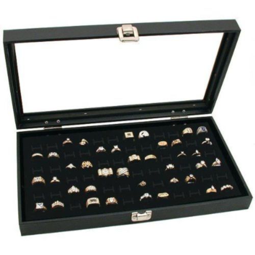 Glass Top Black Jewelry Display Case 72 Slot Ring Tray Lid Box Storage Jewelry