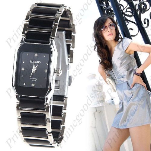 Oblong Case Ceramic Rhinestone Quartz Lady Wrist Ladies Wristwatch Women&#039;s Black