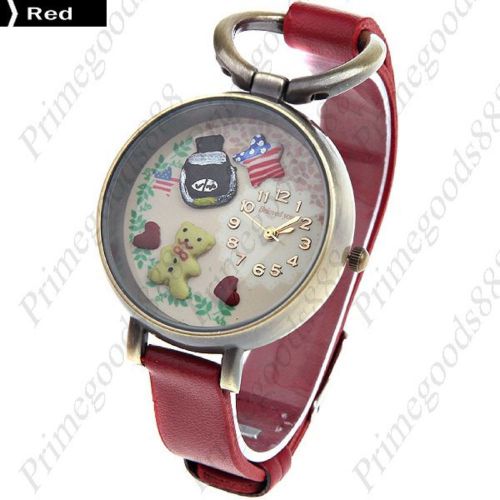 Teddy Bear Star PU Leather Lady Ladies Wrist Quartz Wristwatch Women&#039;s Red