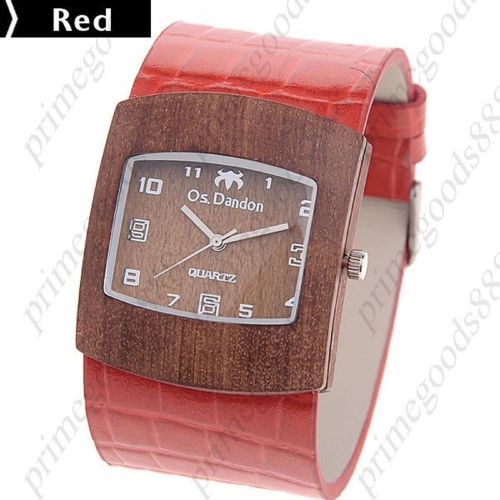 Square Wood Wooden PU Leather Lady Ladies Wrist Quartz Wristwatch Women&#039;s Red