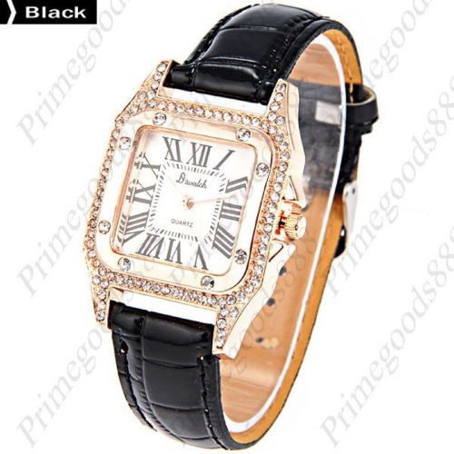 Square Rhinestones PU Leather Analog Quartz Wrist Wristwatch Women&#039;s Black