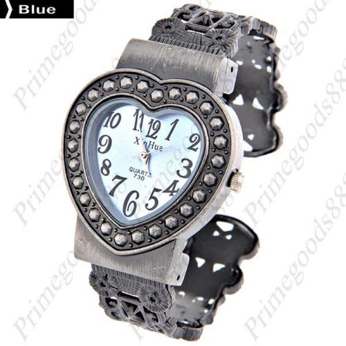 Heart Shape Silver Bracelet Bangle Lady Ladies Quartz Wristwatch Women&#039;s Blue