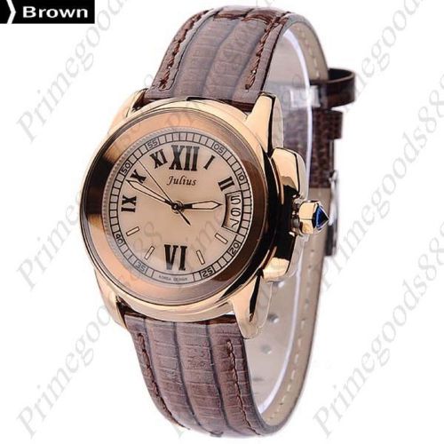 Round PU Leather Date Quartz Wrist Lady Ladies Wristwatch Women&#039;s Brown Gold