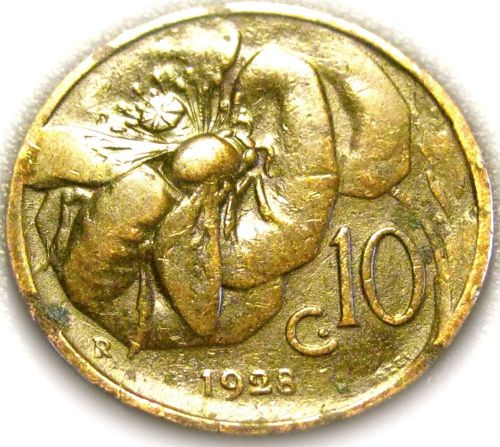 Honeybee Coin - Italy - Italian 1928R 10 Centesimi Coin - Great Coin - RARE