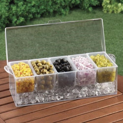 Chilled Condiment Caddy Server Outdoor Party and 5 Containers Hinged Lid NEW