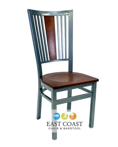 New Steel City Metal Restaurant Chair with Silver Frame &amp; Cherry Wood Seat