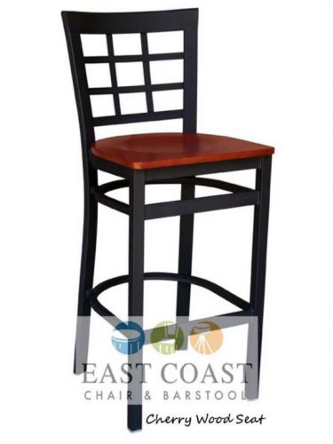 New gladiator window pane metal restaurant bar stool with cherry wood seat for sale