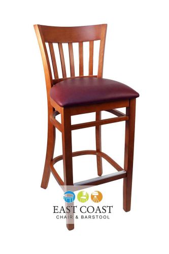 New Gladiator Cherry Vertical Back Wooden Bar Stool with Wine Vinyl Seat