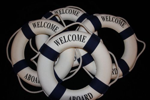 (4) Blue, Life Rings, Life Preserver, Replica, restaurant, welcome sign, seafood