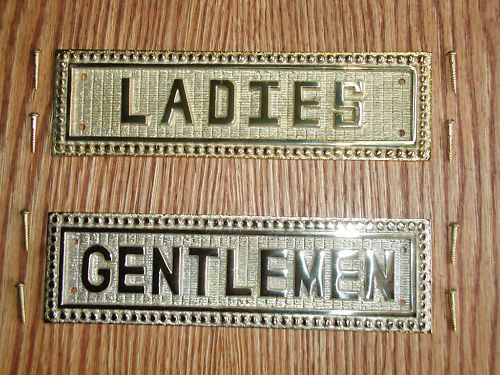 Polished bronze rest rooms signs, plaques, gentleman,ladies with brass screws, for sale