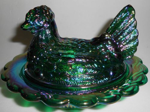 green carnival glass hen / chicken on nest basket dish rooster candy iridescent