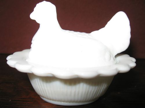 White milk glass salt cellar celt hen chicken on nest basket dish rooster chick