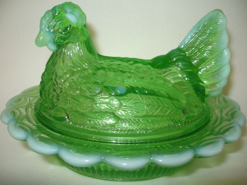 Green Opalescent glass hen chicken on nest basket candy dish rooster chick eggs