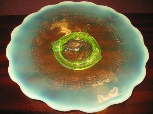 Vaseline Opalescent glass horse pony cake serving Plate Platter tray uranium art