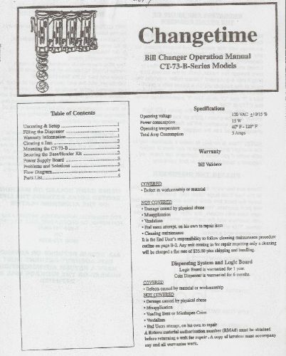 Change Time (ChangeTime) Bill Changer Operation Manual Model CT-73-B Drink Snack