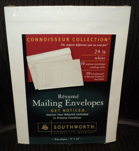 NEW SOUTHWORTH: Resume Mailing Envelopes: 10 White Cotton: 10 Clear Labels 9x12