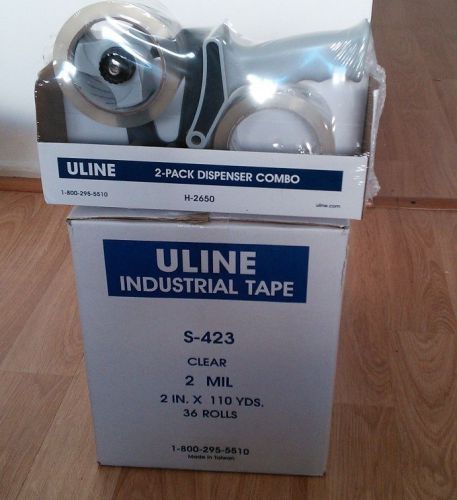 Tape dispenser w/ 36 rolls case uline 2 mil s-423 packing shipping 2&#034;x110yds for sale