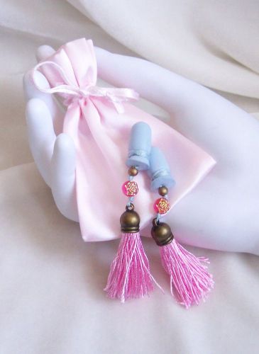 Silky Pink Antiqued Gold Tassels Rose Beads Blue Sound Reduction Ear Plugs &amp; Bag