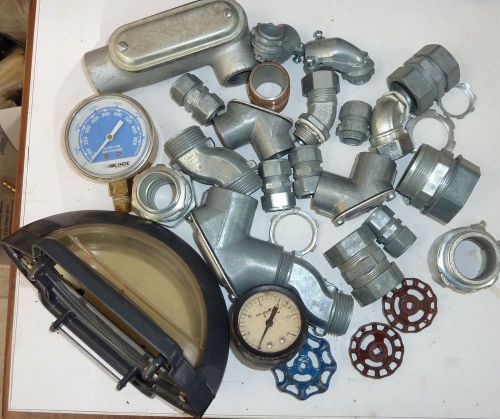 Steampunk 1/2&#034; 3/4&#034; and larger pipe fittings , gauges, faucet handles , nice lot