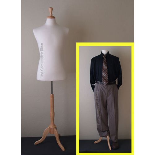 White male mannequin jersey dress form size 38-40 w/ natural tripod wooden base for sale