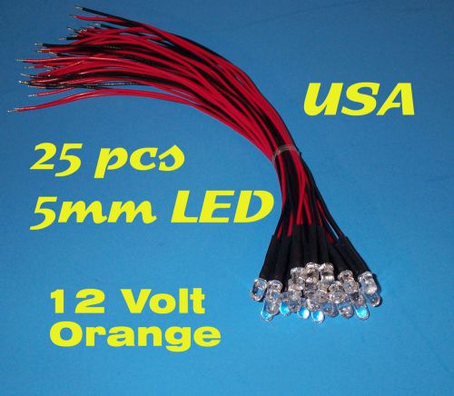 25 pcs  led - 5mm pre wired leds 12 volt ~ orange ~ 12v prewired for sale
