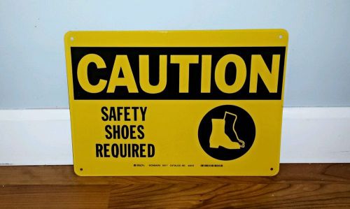Vintage industrial machine shop metal caution safety shoes required sign 10 x 14 for sale