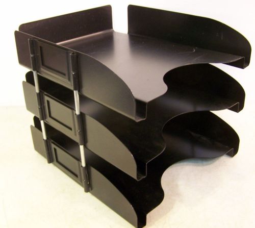 set 3 BLACK METAL STACKING DESK TRAYS In Out Box MAIL SORTER Industrial Age