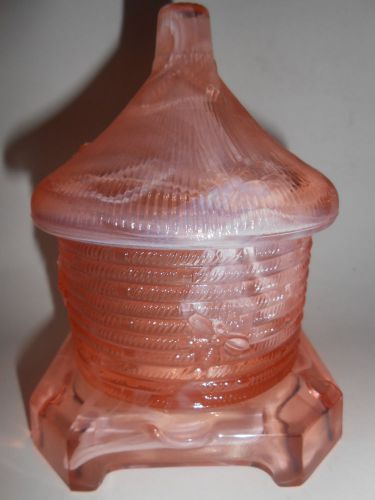 Pink rose milk slag glass serving honey pot bee hive pattern jar dish cranberry