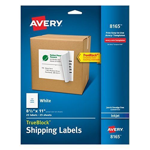 Avery White Full-Sheet Labels for Inkjet Printers, Pack of 25 Sheets 8165