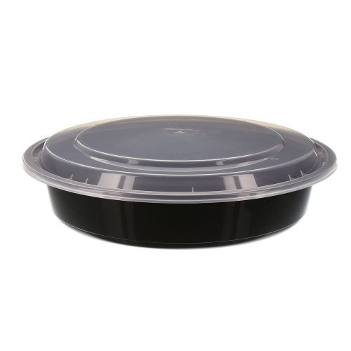 Tripak 48 oz, 9&#034; round black container with lid, pack of 50 for sale