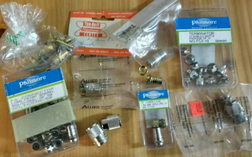 MIXED LOT OF F6 F CATV CABLE CONNECTORS, TERMINATORS AND PIECES SEE PHOTOS..