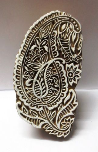 INDIAN WOOD CARVED TEXTILE FABRIC PRINTER BLOCK STAMP FINE PAISLEY SHAPE LARGE